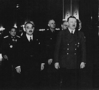 Yosuke Matsuoka and Adolf Hitler, Berlin, Germany, late Mar 1941; note Joachim von Ribbentrop in background