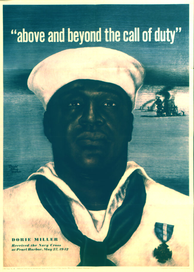 American propaganda poster featuring African-American US Navy sailor Doris Miller, 1943; the text read 'above and beyond the call of duty'