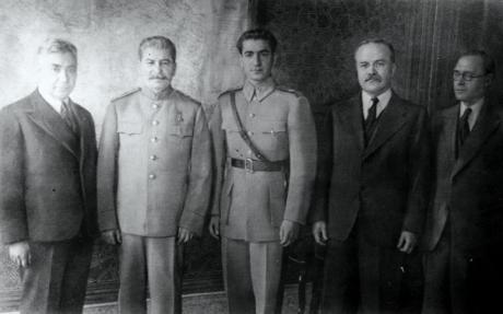 Joseph Stalin, Mohammad-Reza Shah, and Vyacheslav Molotov, Tehran, Iran, late Nov or early Dec 1943