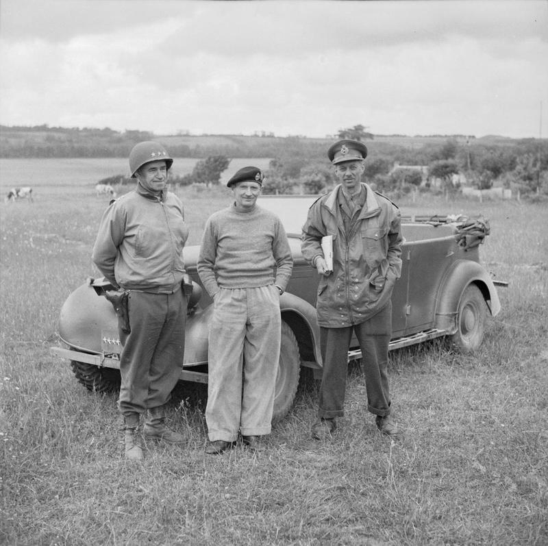 The first meeting on French soil between Bernard Montgomery and generals Omar Bradley and Miles Dempsey, Normandy, France, 10 Jun 1944