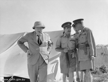 Winston Churchill, Leslie Morshead, Claude Auchinleck, and W. H. C. Ramsden (background) at 9th Australian Division headquarters, El Alamein, Egypt, 5 Aug 1942