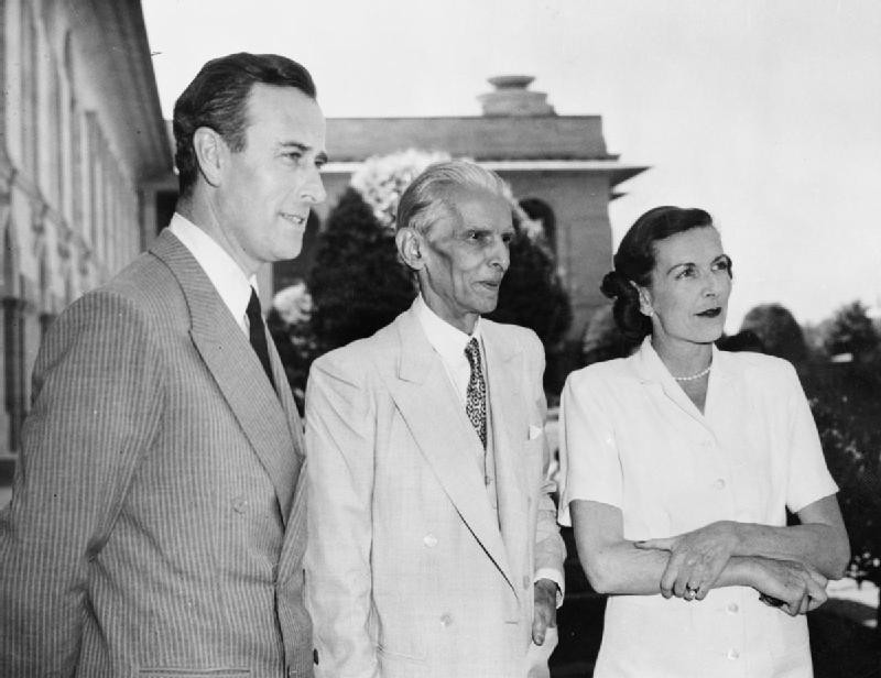 Viceroy of India Louis Mountbatten, Mohammed Ali Jinnah, and Lady Edwina Mountbatten, India, 1947