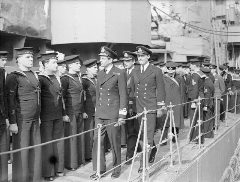 The Duke of Kent Prince George inspecting destroyer HMS Kelley at Devonport, England, United Kingdom, 1939-1941; note Captain Louis Mountbatten