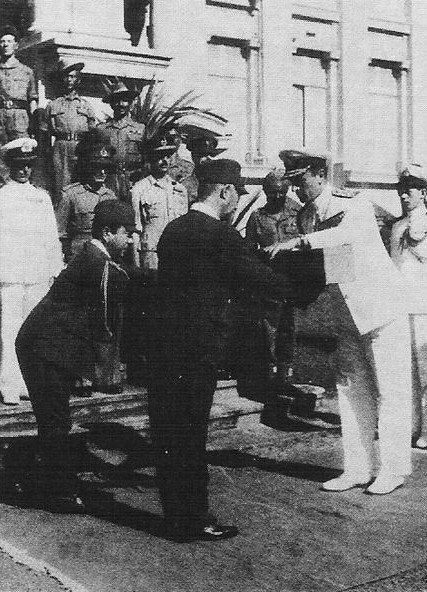 Louis Mountbatten accepting the sword of Hisaichi Terauchi, Saigon, French Indochina, 30 Nov 1945