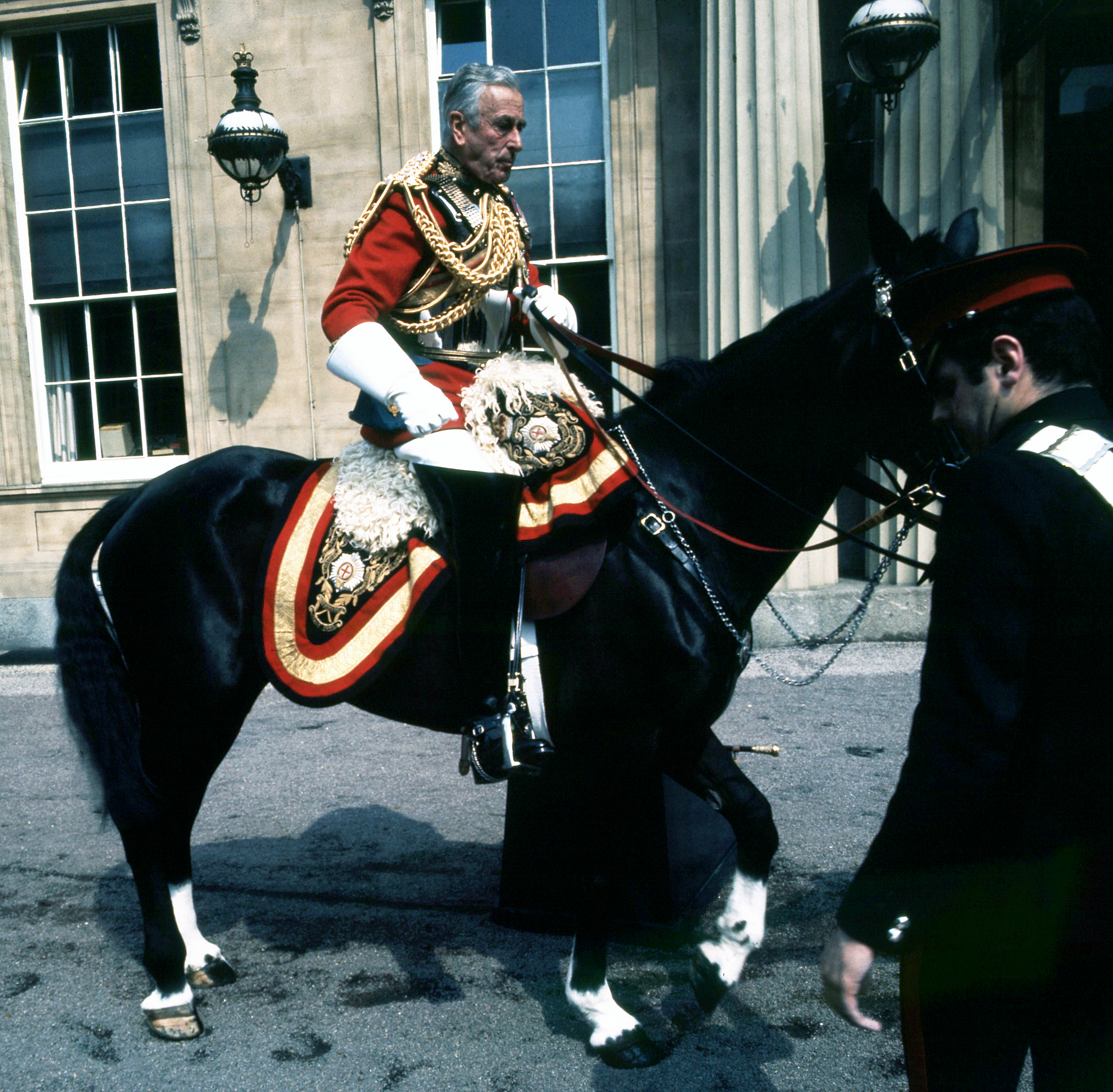 Earl Louis Mountbatten atop a horse in the quadrangle of Buckingham Palace, London, England, United Kingdom, 1973