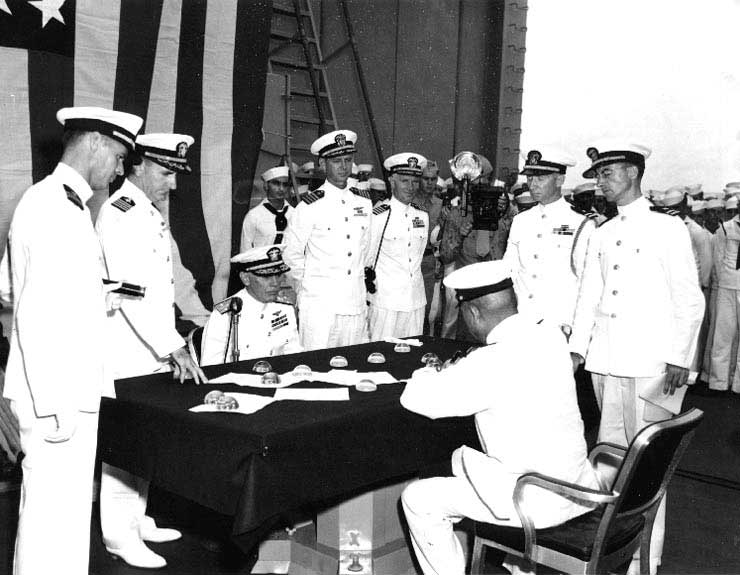 Murray accepting Hara's surrender at Truk aboard cruiser Portland, 2 Sep 1945