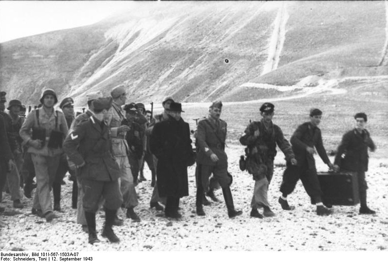 Benito Mussolini with Otto Skorzeny and other rescuers, Gran Sasso, Italy, 12 Sep 1943, photo 1 of 2