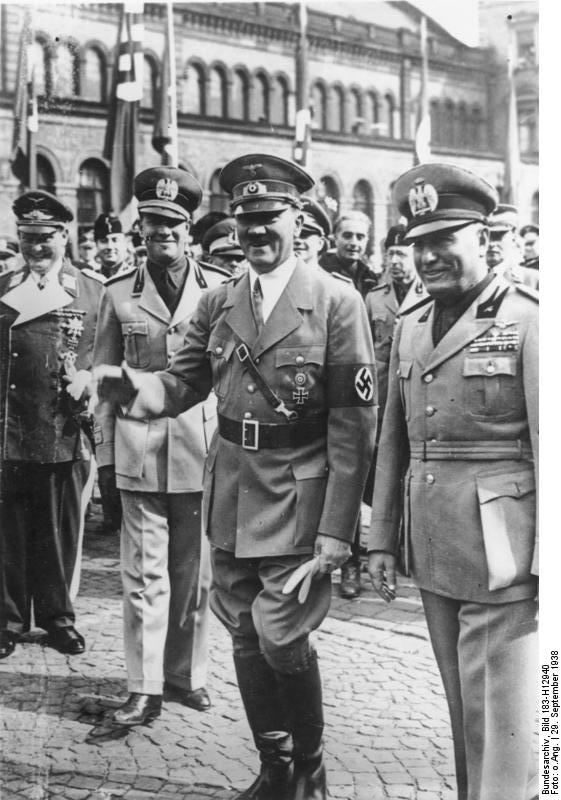 Adolf Hitler and Benito Mussolini at München, Germany for the Munich Conference, 29 Sep 1938, photo 6 of 9