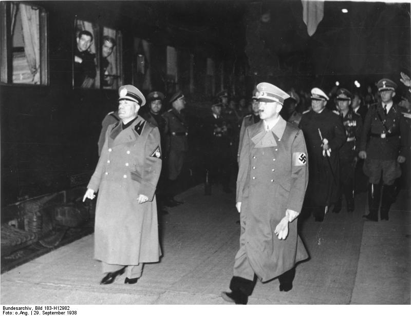 Adolf Hitler and Benito Mussolini at München, Germany for the Munich Conference, 29 Sep 1938, photo 2 of 9