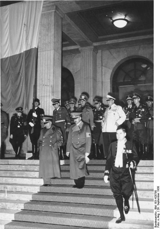 Mussolini and Hitler, Munich Conference, Germany, 29 Sep 1938, photo 2 of 2; Göring, Himmler, and Ciano in background