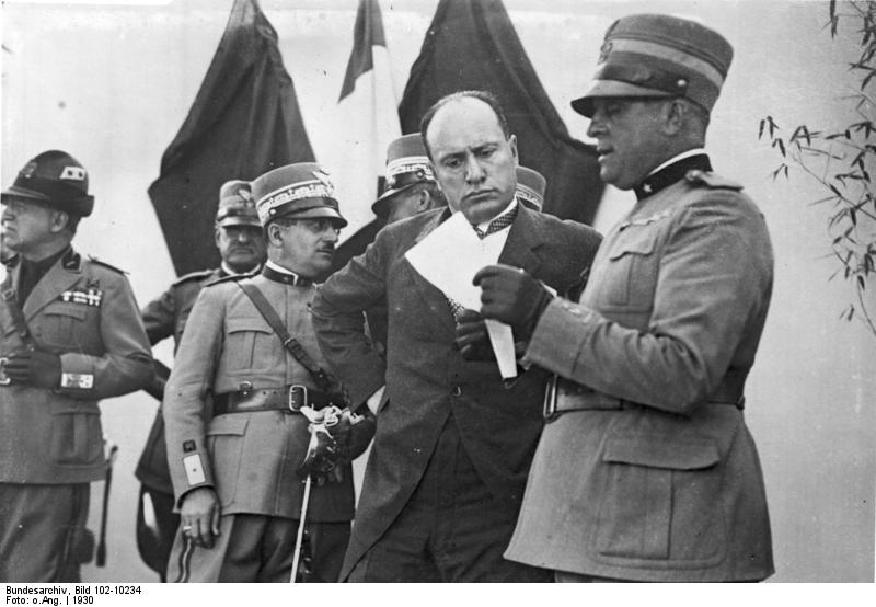 Benito Mussolini inspecting a military airfield near Milan, Italy, 1930