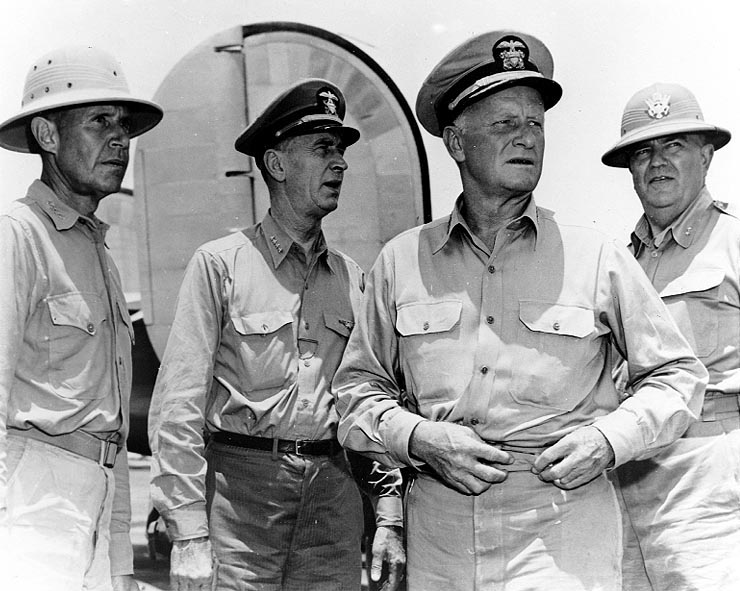 Admiral Spruance, Admiral King, Admiral Nimitz, and Brigadier General Jarman at Saipan, Mariana Islands, 1944