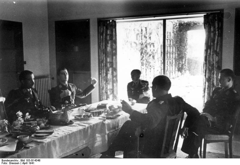 Lieutenant Colonel Galland, Colonel Mölders, and Major Lützowplatz celebrating Osterkamp's birthday, 16 Apr 1941, photo 1 of 5