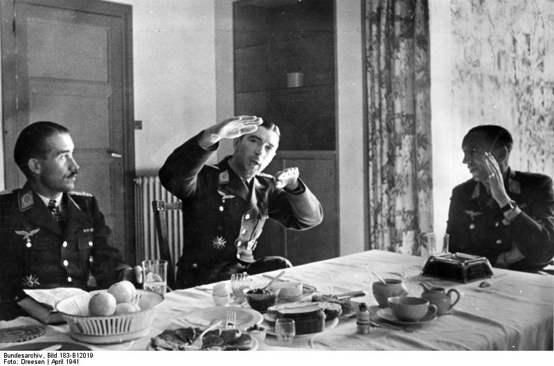 Lieutenant Colonel Galland, Colonel Mölders, and Major Lützowplatz celebrating Osterkamp's birthday, 16 Apr 1941, photo 3 of 5