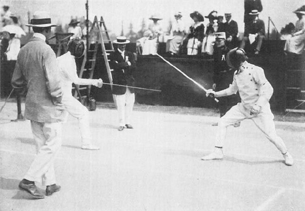 Fencers Jean de Mas Latrie of France and George Patton of the United States competing in the 1912 Summer Olympics, Stockholm, Sweden, 7 Jul 1912