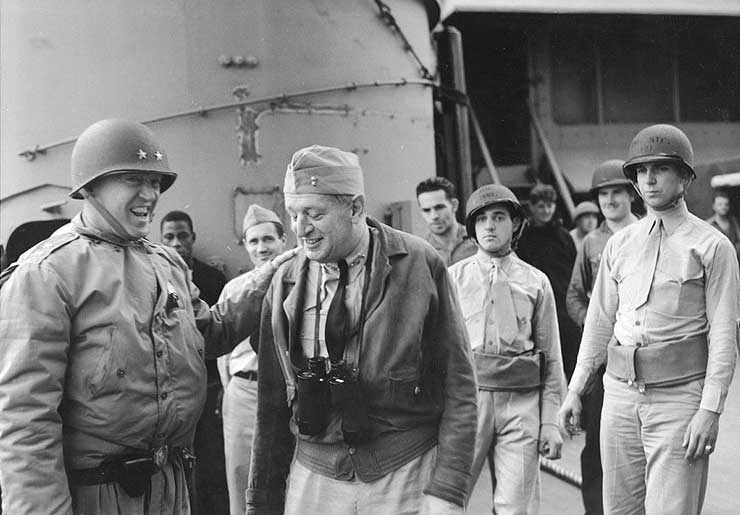Patton and Rear Admiral H. Kent Hewitt aboard USS Augusta, off North Africa, 8 or 9 Nov 1942