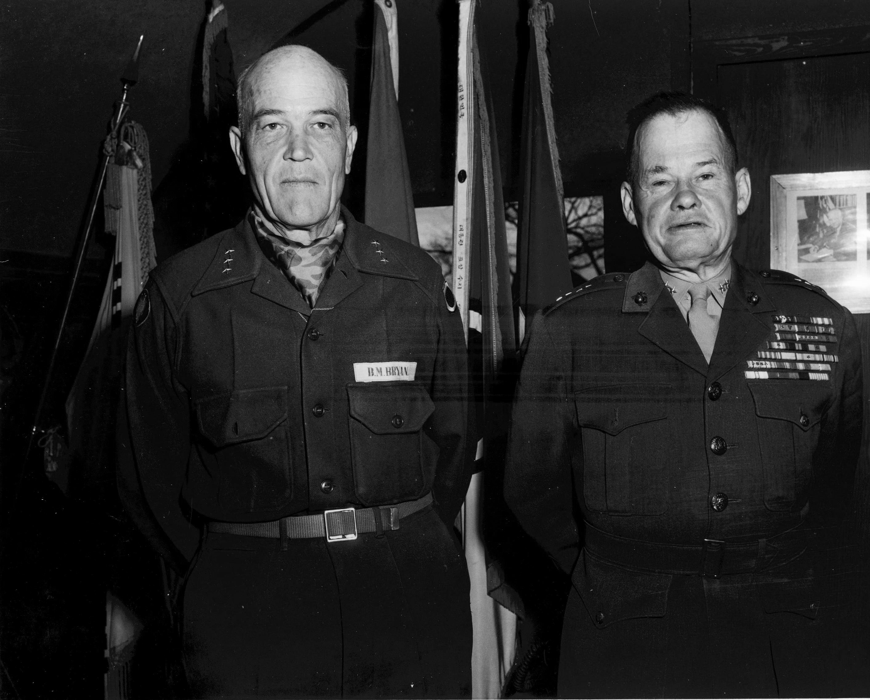Lieutenant General Blackshear Bryan and Major General Lewis Puller at US Marine I Corps headquarters, 19 Apr 1954