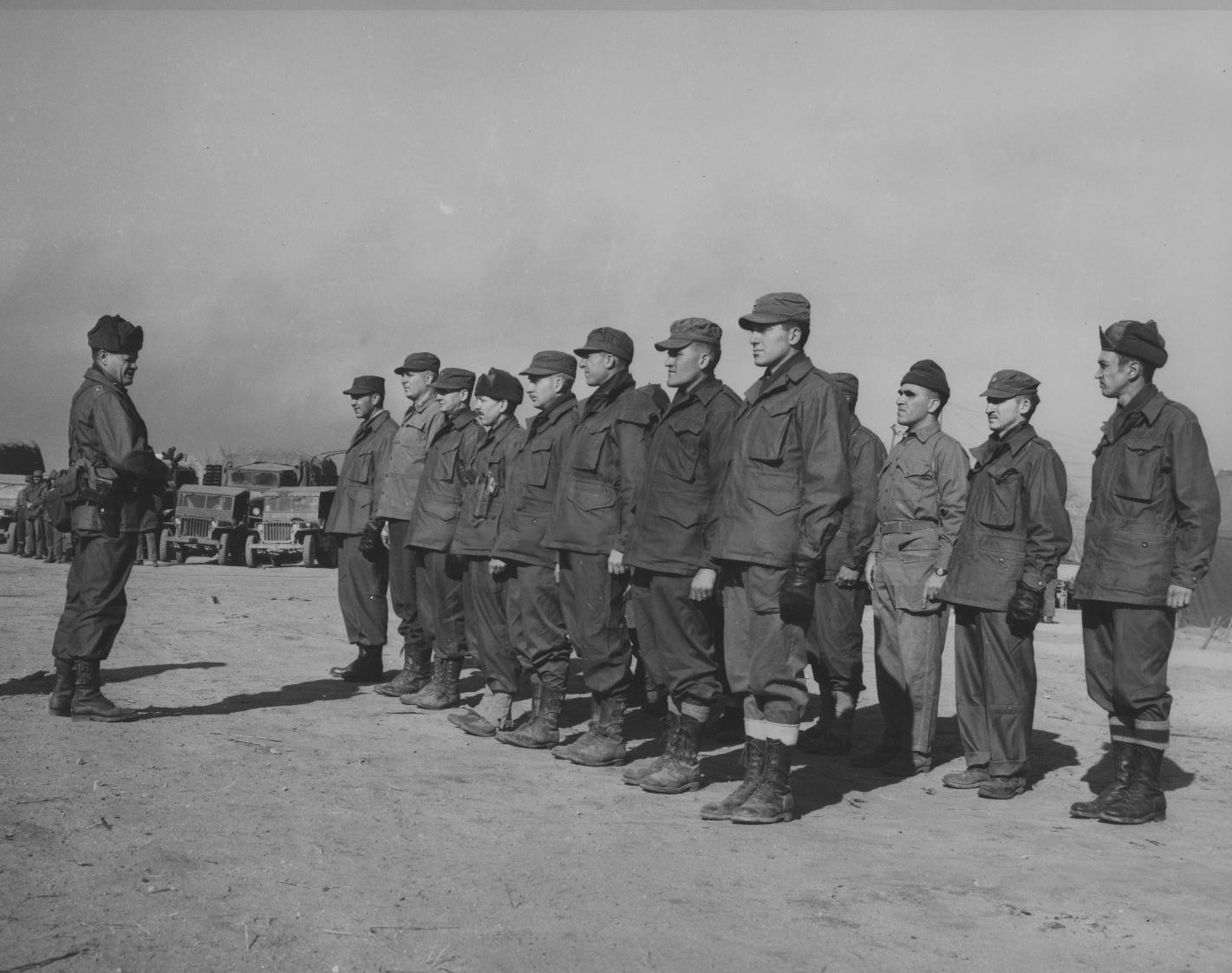 Brigadier General Lewis Puller inspecting staff and battalion commanders, Korea, 1951