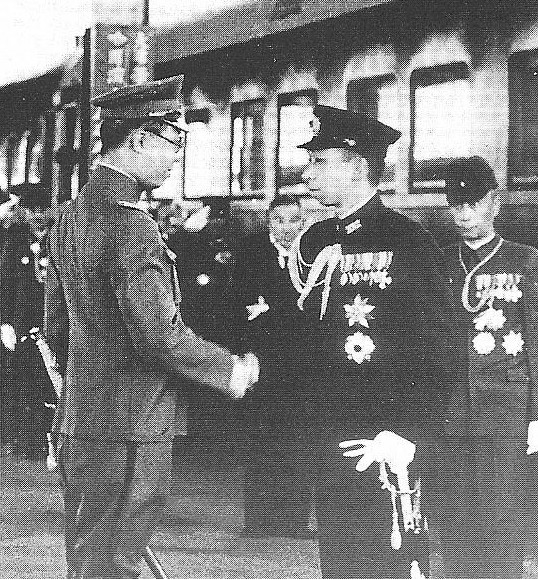 Emperor Kangde of puppet state of Manchukuo and Prince Nobuhito of Japan, Tokyo Station, Tokyo, Japan, 1935