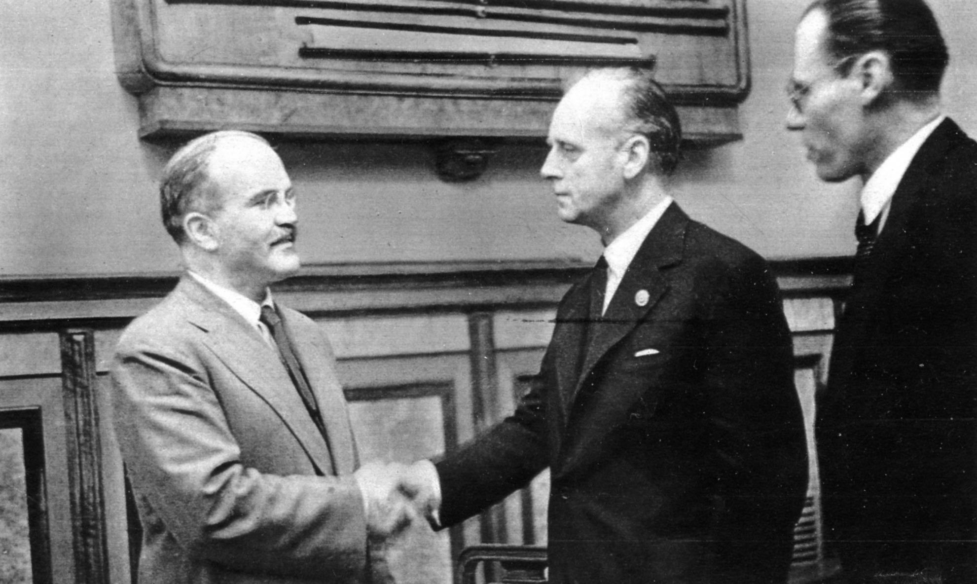 Vyacheslav Molotov and Joachim von Ribbentrop shaking hands, Moscow, Russia, 28 Sep 1939