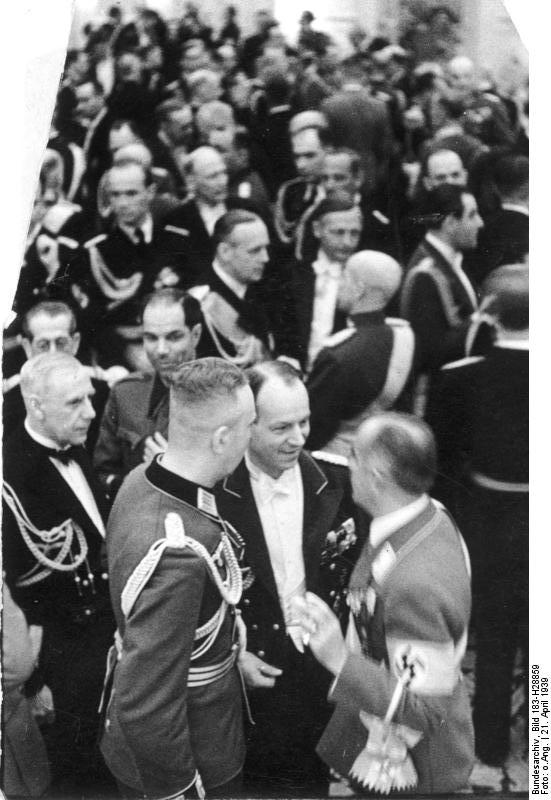 German Admiral Wilhelm Canaris, German Minister Joachim von Ribbentrop, Lithuanian General Stasys Rastykis, Hans von Tschammer und Osten, and others at Hotel Kaiserhof in celebration of Adolf Hitler's birthday, Berlin, Germany, 21 Apr 1939
