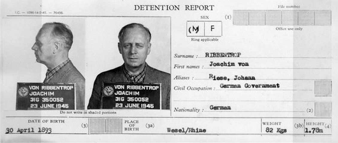 Detention report with mugshots of Joachim von Ribbentrop, Jun 1945