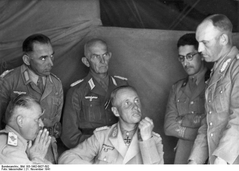 Erwin Rommel speaking to German Colonel Paul Diesener and Italian General Navarini, North Africa, 21 Nov 1941