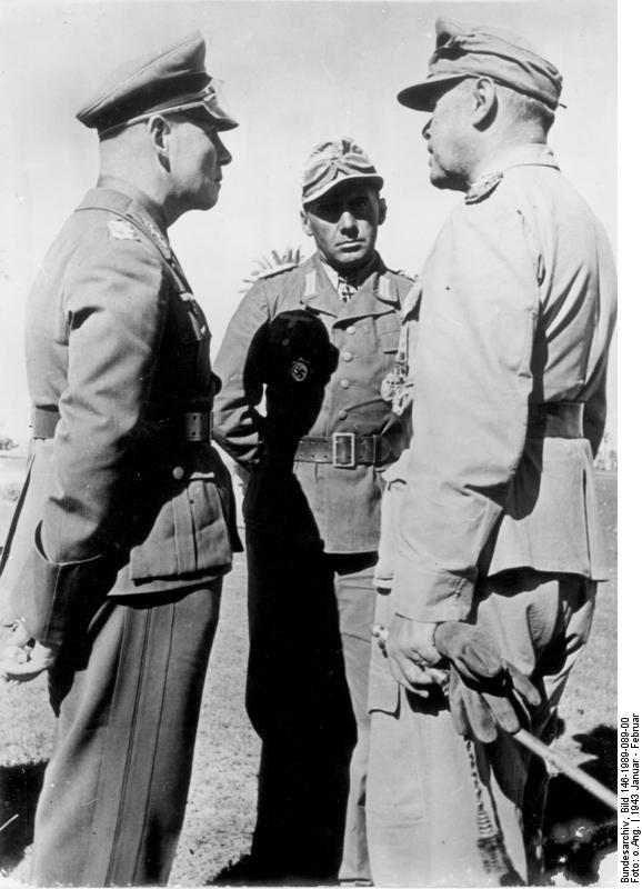 Field Marshal Erwin Rommel, Lieutenant General Fritz Bayerlein, and Field Marshal Albert Kesselring in North Africa, Jan-Feb 1943