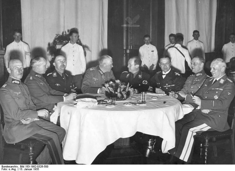 Leeb, Fritsch, Himmler, Blomberg, Raeder, Rundstedt, and Wachenfeld at a dinner, Germany, 13 Jan 1935