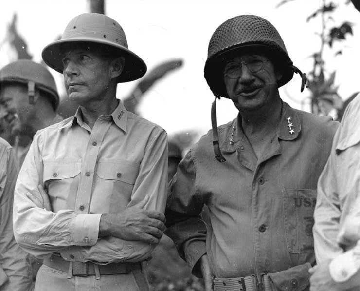 Raymond Spruance and Holland Smith at Charan Kanoa, Saipan, Mariana Islands, 10 July 1944