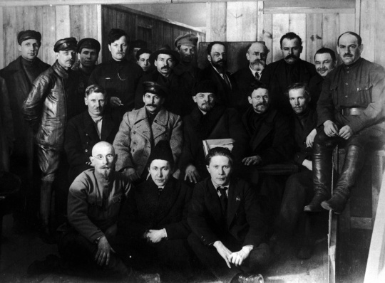 Joseph Stalin, Vladmir Lenin, Mikhail Kalinin, and other participants of the 8th Congress of the Russian Communist Party, Mar 1919