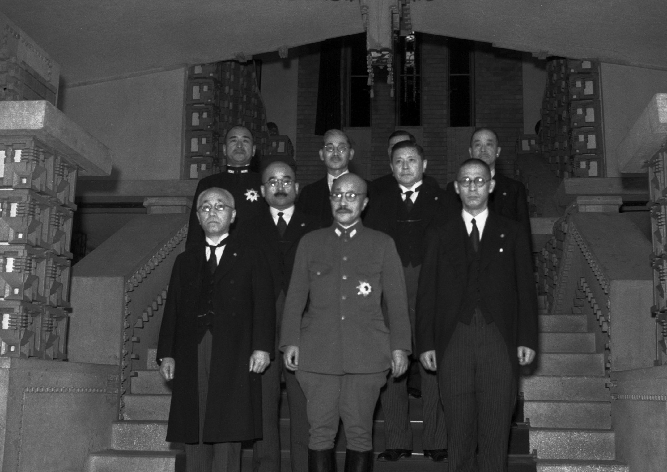 Prime Minister Tojo and his cabinet ministers outside the Kantei (Prime Minister's Office) upon completing the first cabinet meeting, Chiyoda, Tokyo, Japan, 18 Oct 1941