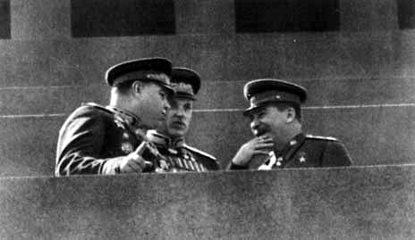 Joseph Stalin with Aleksandr Vasilevsky and Konstantin Rokossovsky at Lenin's Mausoleum, Moscow, Russia, circa 1940s