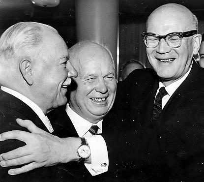 Chairman of the Presidium of the Supreme Soviet Kliment Voroshilov, First Secretary of the Communist Party of the Soviet Union Nikita Khrushchev, and Finnish President Urho Kekkonen, 1960