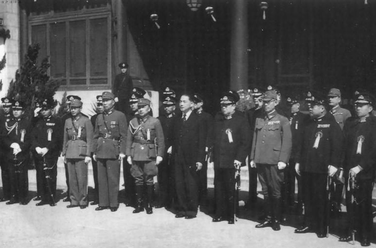 Wang Jingwei and military officers at the ceremony establishing a Japanese government in Nanjing, China, 30 Mar 1940