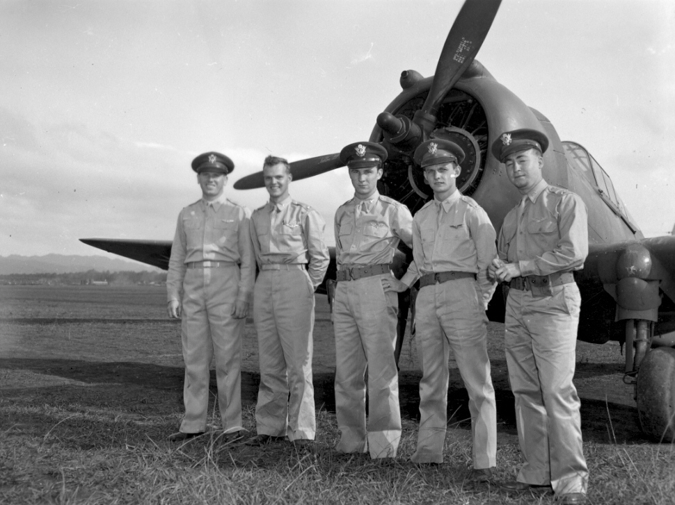 USAAF fighter pilots with at least one kill during Pearl Harbor attack posing before P-36 Hawk fighter: Lt Lewis Sanders, 2LT Phillip Rasmussen, 2LT Kenneth Taylor, 2LT George Welch, 2LT Harry Brown
