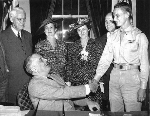 George Welch and his parents meeting Franklin D. Roosevelt at the White House, Washington DC, United States, 25 May 1942