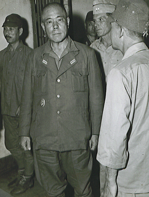 Yamashita during post-war trials, probably in a hallway outside the courtroom, circa Oct 1945