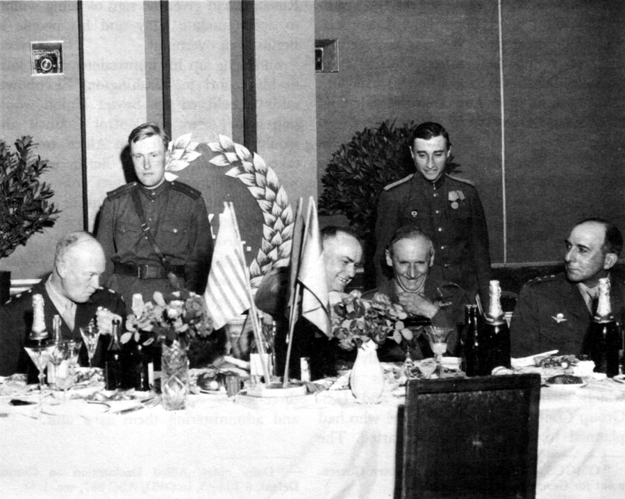 Dwight Eisenhower, Georgi Zhukov, Bernard Montgomery, and Jean de Lattre de Tassigny at a feast in Berlin, Germany, 5 Jun 1945