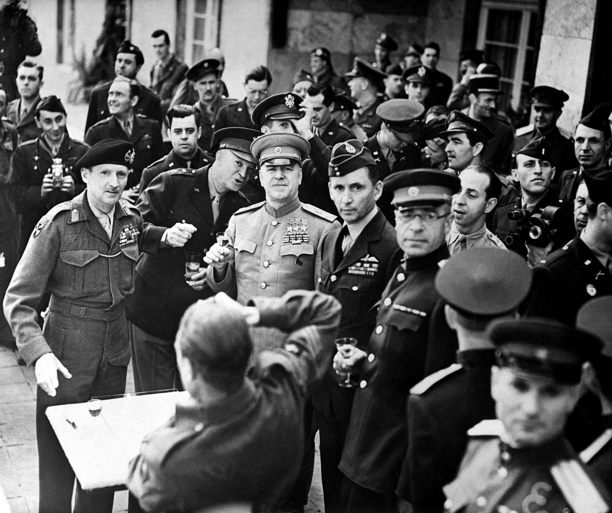 Bernard Montgomery, Dwight Eisenhower, Georgi Zhukov, and Arthur Tedder at Frankfurt, Germany, 5 Jun 1945