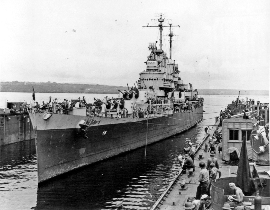 USS ABSD-1 with USS Columbia in the dock, Espiritu Santo, New Hebrides, Jan 1944