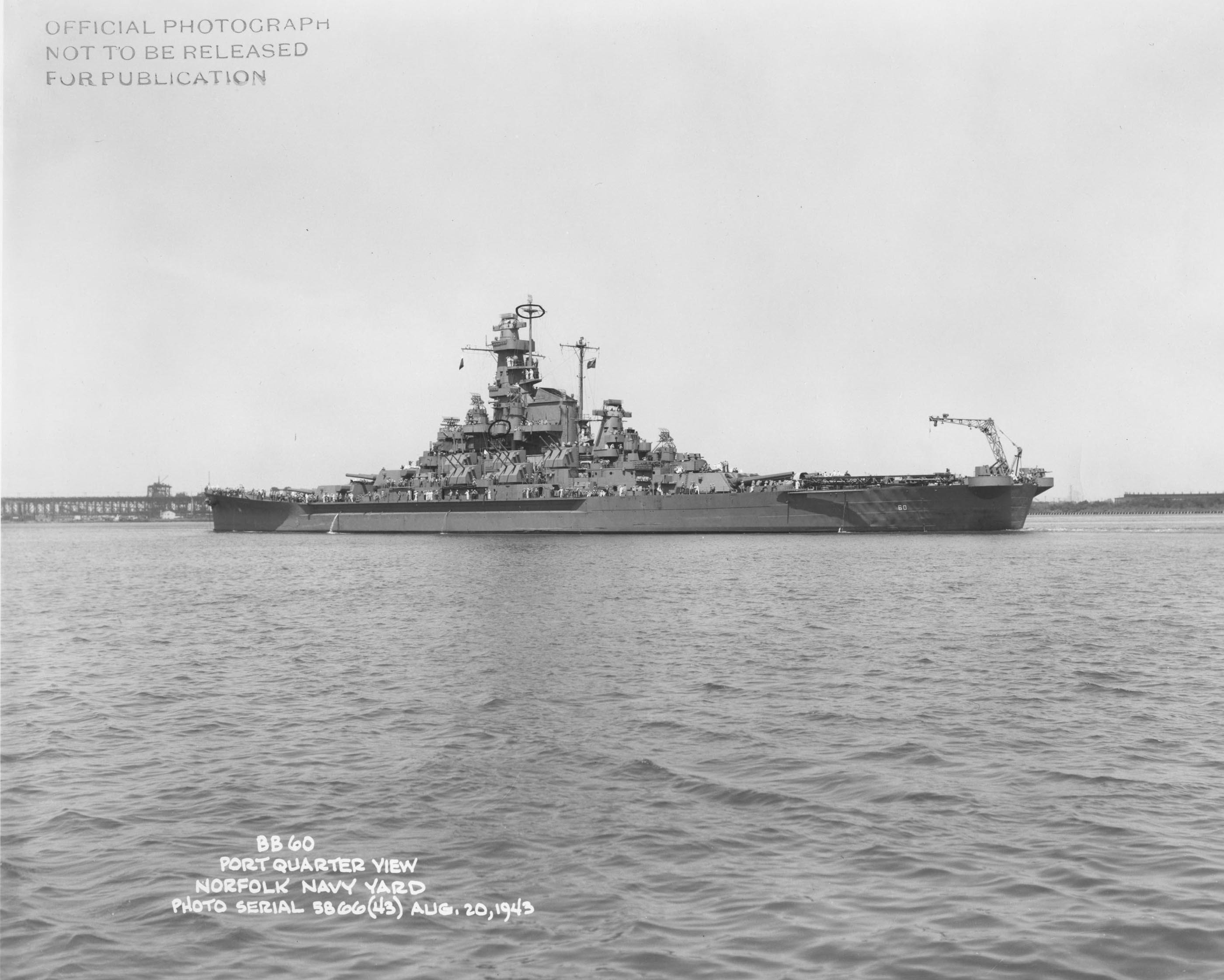 USS Alabama off Norfolk Naval Shipyard, Virginia, United States, 20 Aug 1943, photo 4 of 4