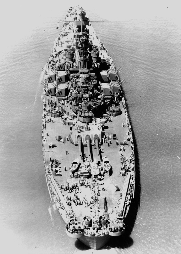 High-angle view of the stern of USS Alabama, off Norfolk Naval Shipyard, Virginia, United States, 20 Aug 1943