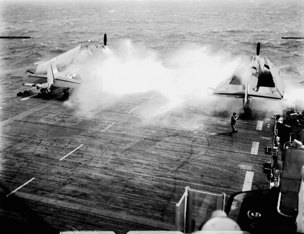 Spray over the bow of USS Anzio, Pacific Ocean, 17 Nov 1944