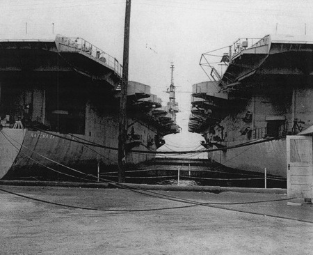 USS Natoma Bay and USS Anzio at Norfolk Navy Yard, Portsmouth, Virginia, United States, 29 Aug 1947