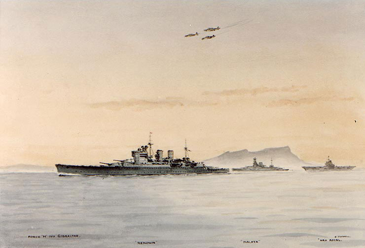Watercolor by Edward Tufnell depicting Renown, Malaya, and Ark Royal, 1941