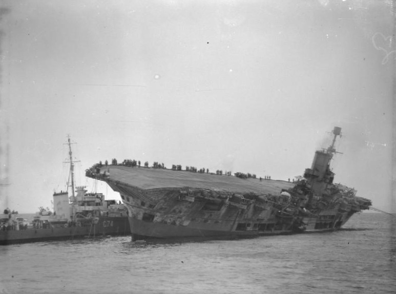 Legion sailing alongside of Ark Royal in attempt to evacuate the carrier's crew, 13 Nov 1941, photo 1 of 2
