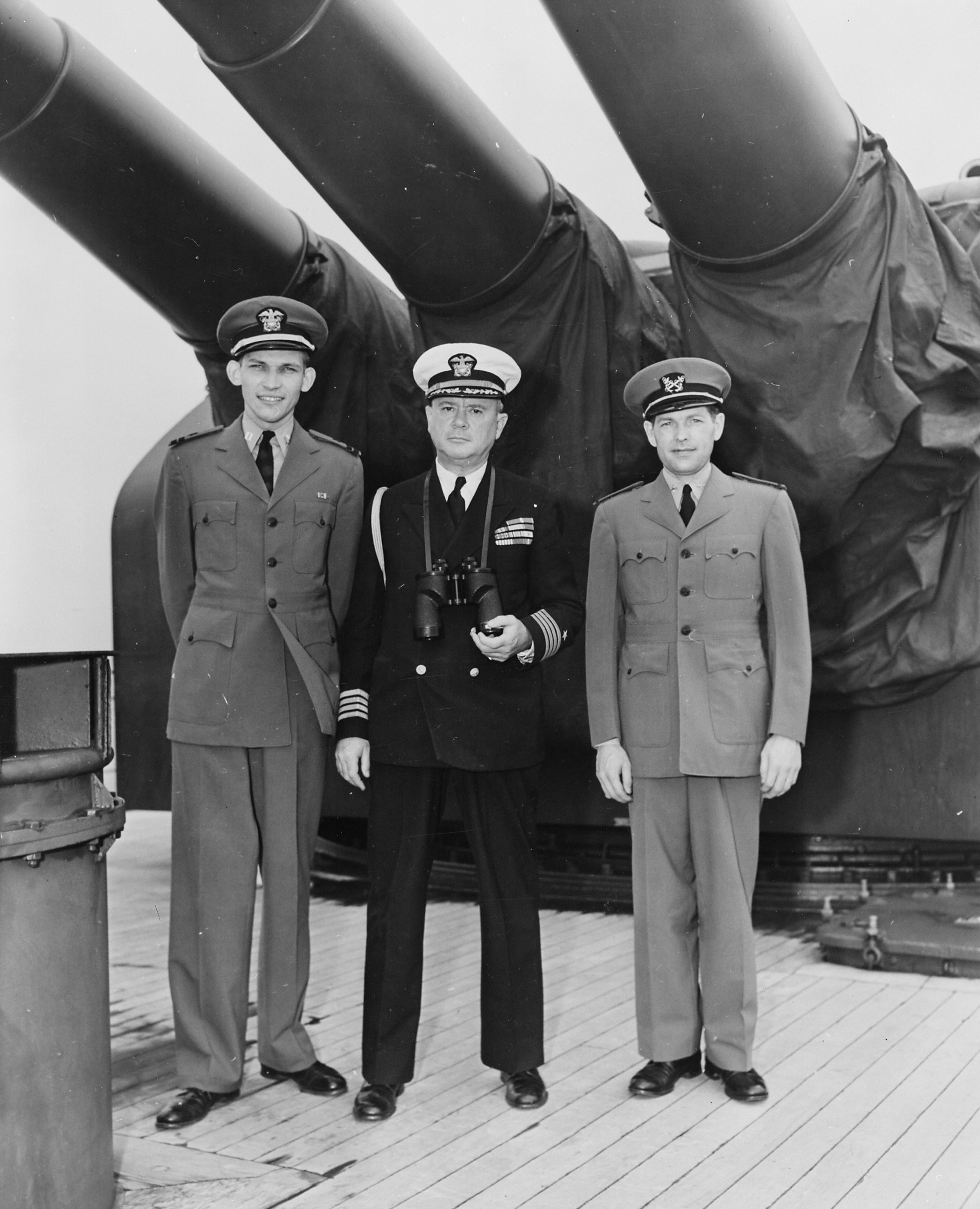 Lieutenant George Elsey, Captain James Vardaman, and Warrant Officer Edwin Hoying aboard USS Augusta, 7 Aug 1945