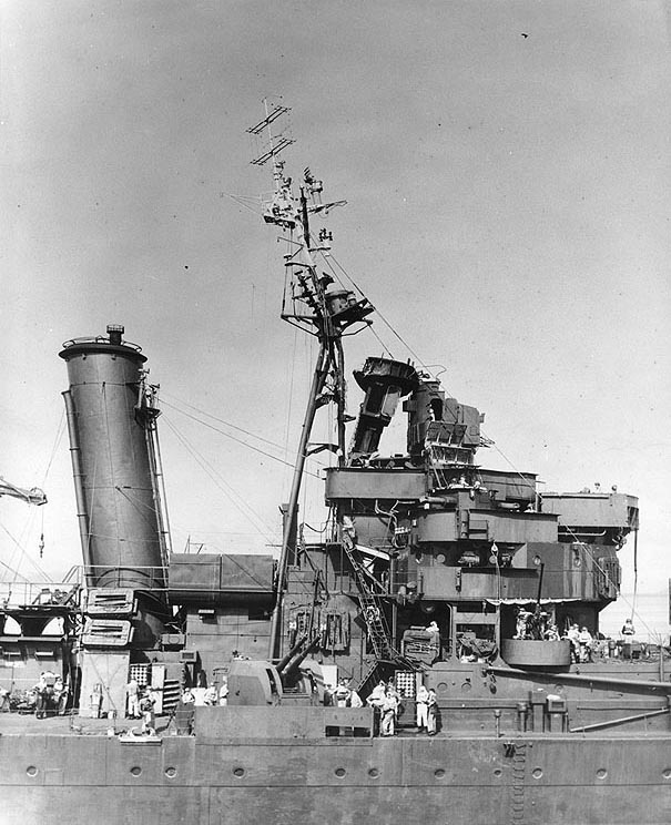 HMAS Australia's bridge damaged by special attack, Oct 1944