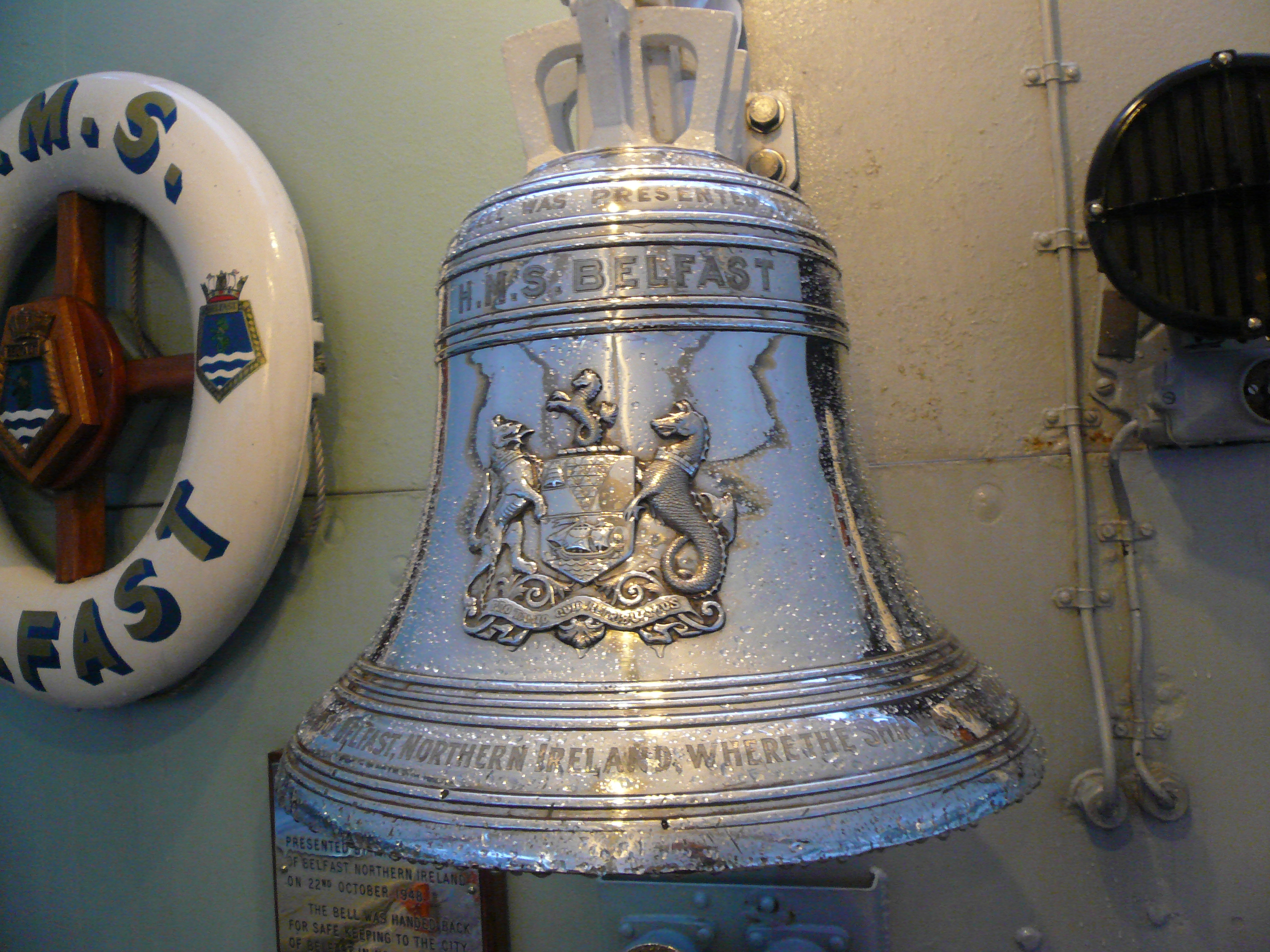 Museum ship HMS Belfast's bell, London, England, United Kingdom, Oct 2010